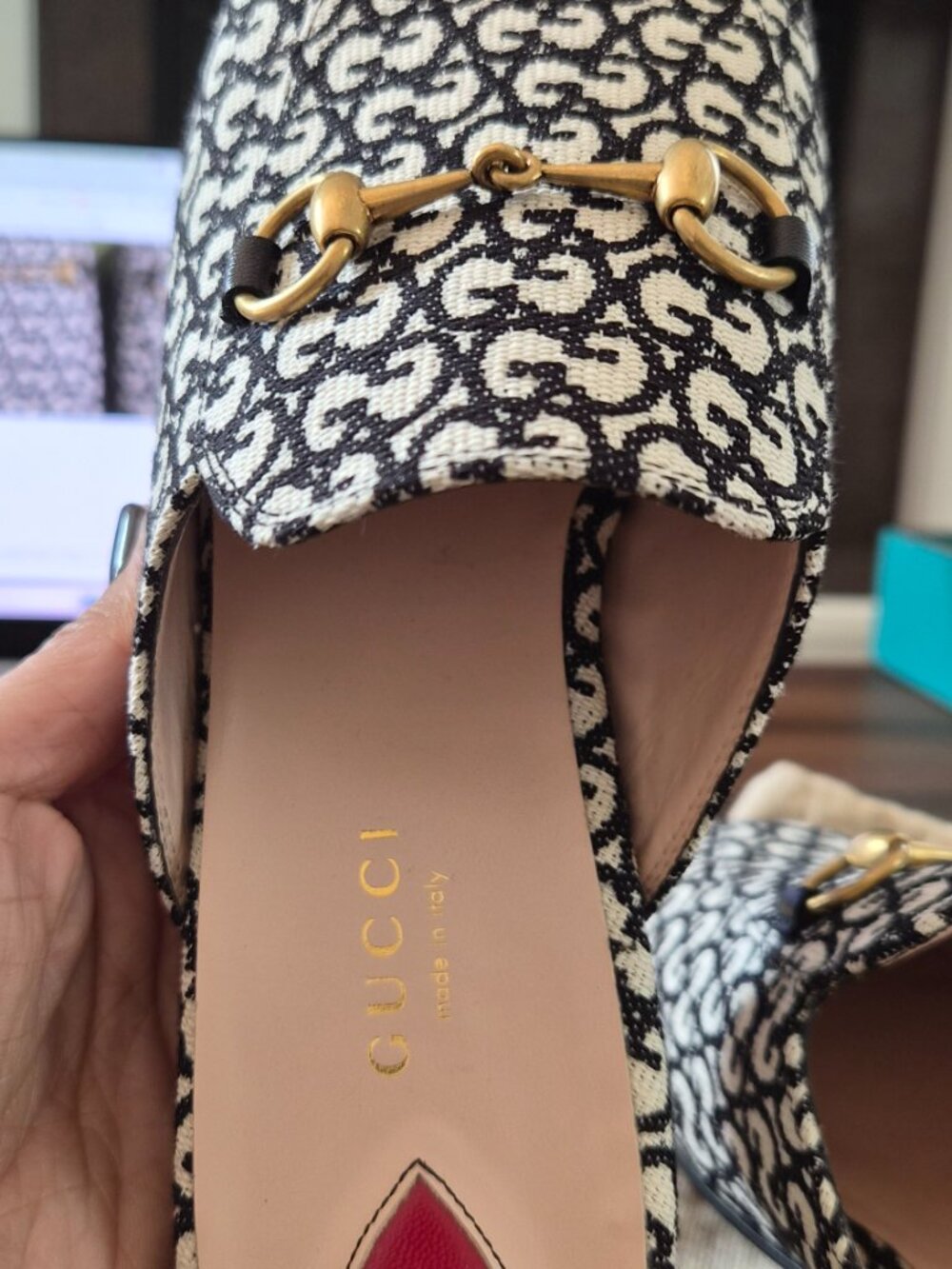 GUCCI PRINCETOWN HORSEBIT GG JACQUARD LOAFER MULE EU 38 1/2 Run Small! - Picture 4 of 9